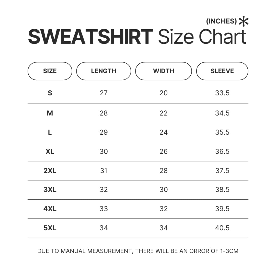 Sweatshirt Size Chart - Mob Psycho 100 Shop